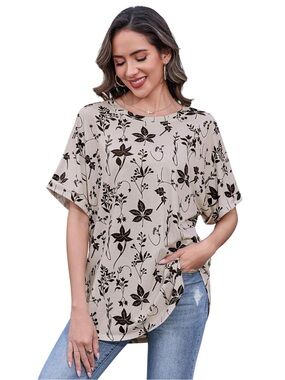 TOTATUIT Beige Floral Print Oversized Short Sleeve Round Neck Top Large